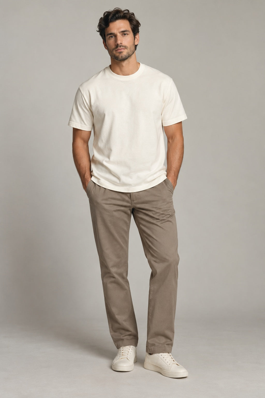 Male model wearing Northvale essential crewneck t-shirt in ivory