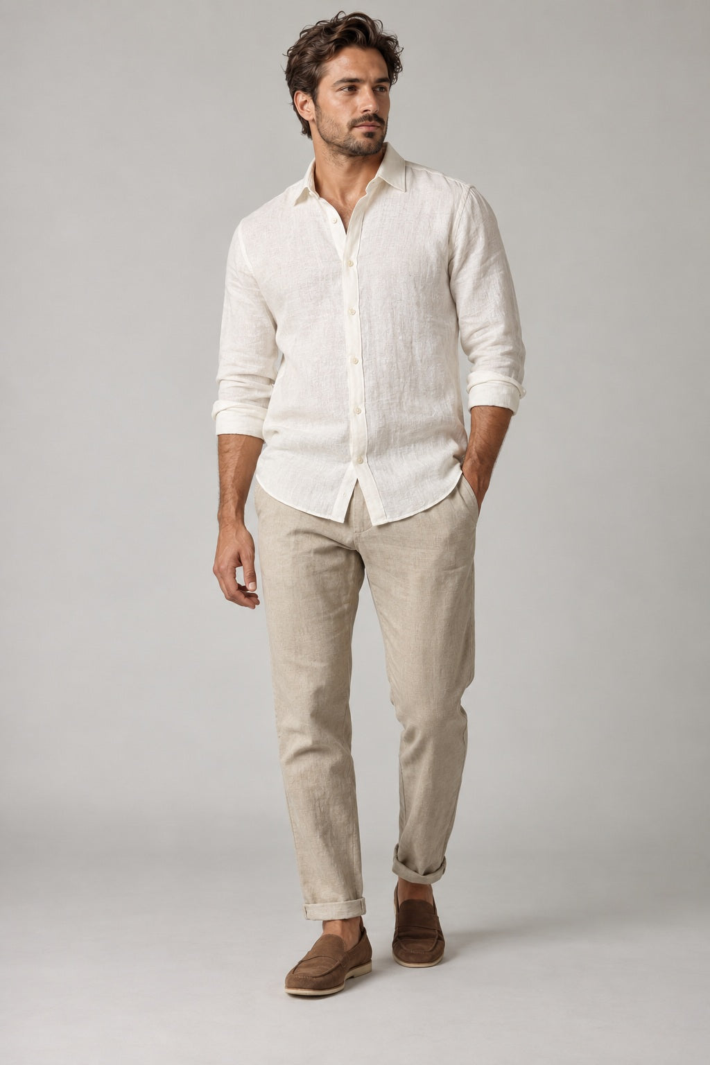 Male model wearing Northvale relaxed summer shirt in white