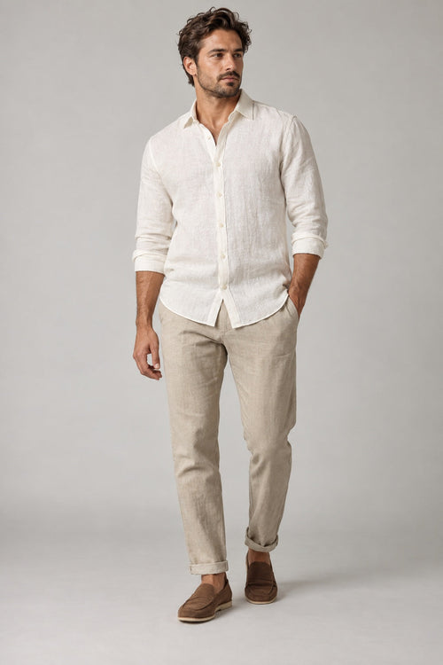 Male model wearing Northvale relaxed summer shirt in white