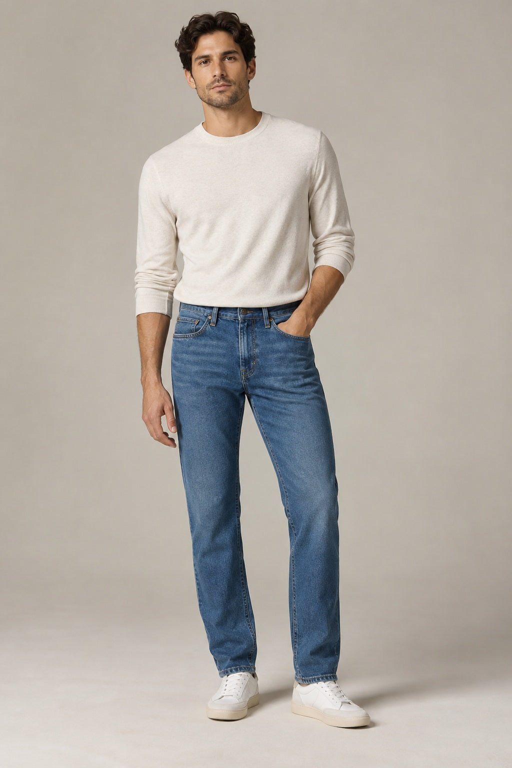 Male model wearing Northvale straight-leg denim in blue