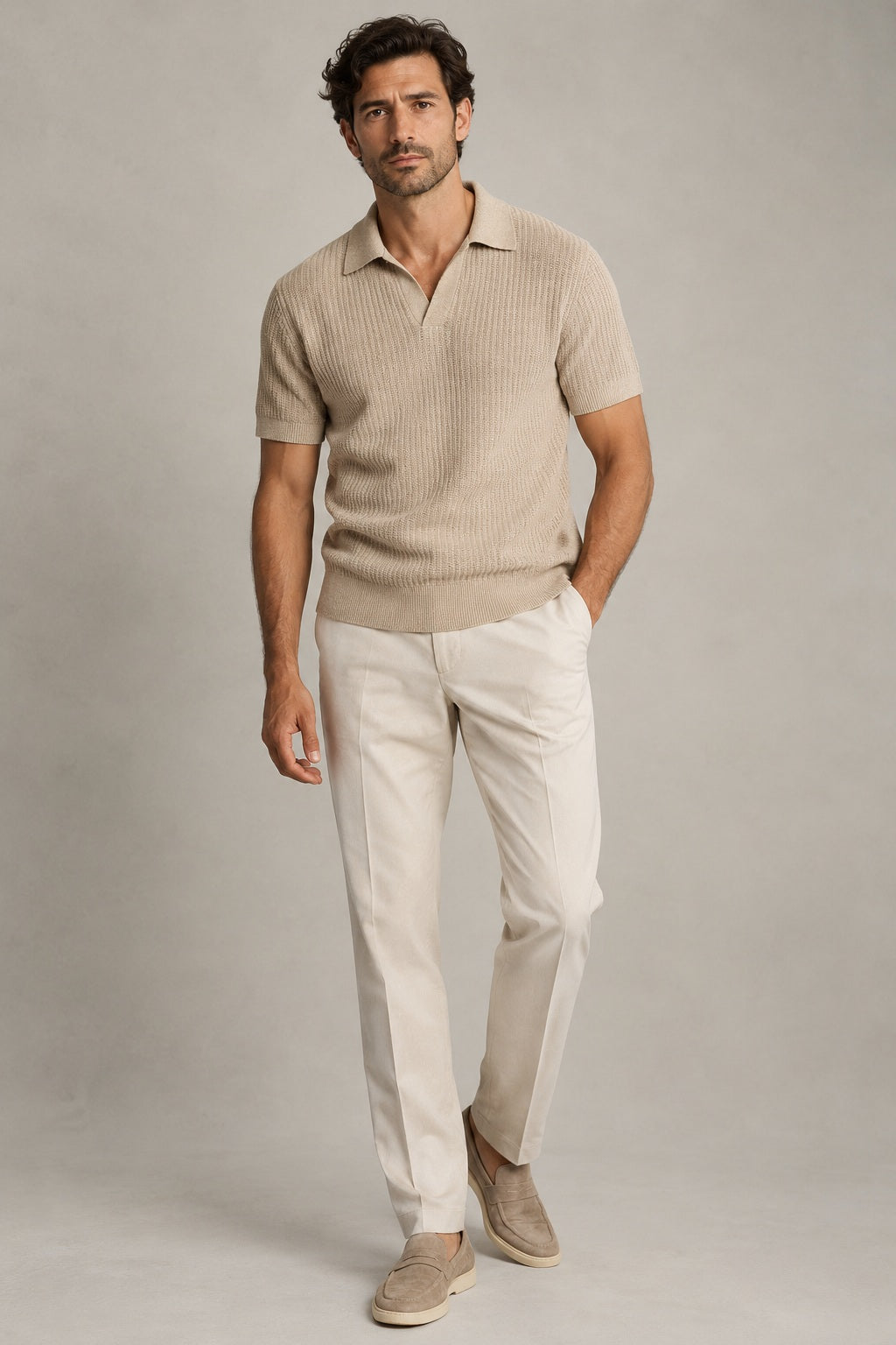 Male model wearing Northvale textured knit polo in sand