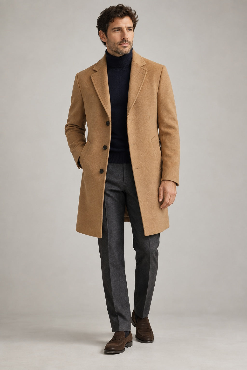 Male model wearing Northvale tailored overcoat in camel