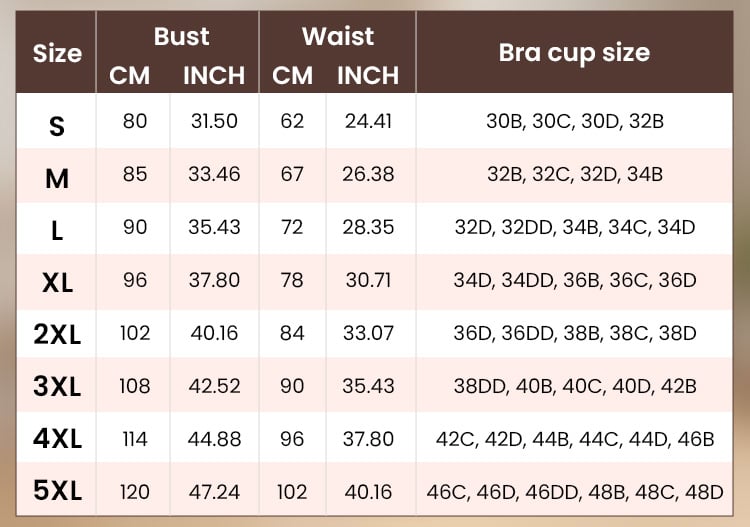 Size chart: bust, waist and bra cup sizes from S to 5XL